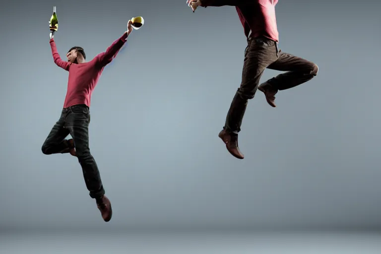 Image similar to A male model boisterously dancing around the room by himself holding an empty wine bottle as he jumps in the air by Lynda Benglis, octane render, 4k, 8k, (sharp) , very very beautiful, stunning, twisted, vanishing, transparent, ethereal