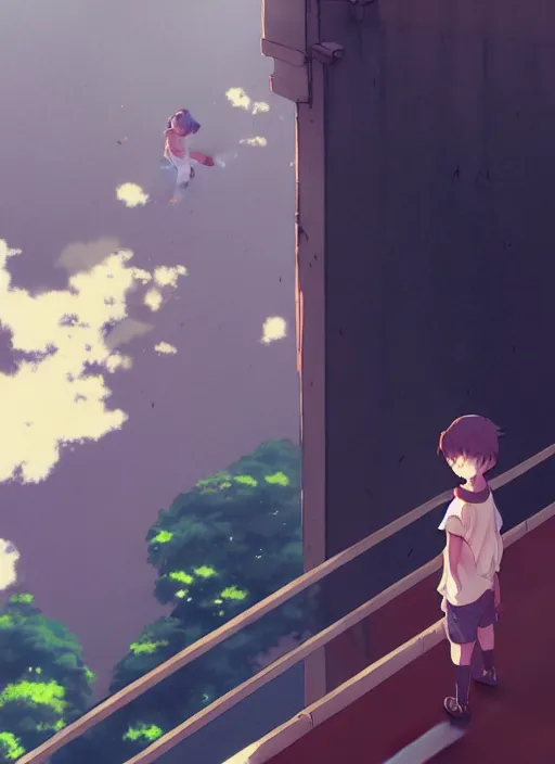 Image similar to boy shouting at the girl above on the balcony, illustration concept art anime key visual trending pixiv fanbox by wlop and greg rutkowski and makoto shinkai and studio ghibli