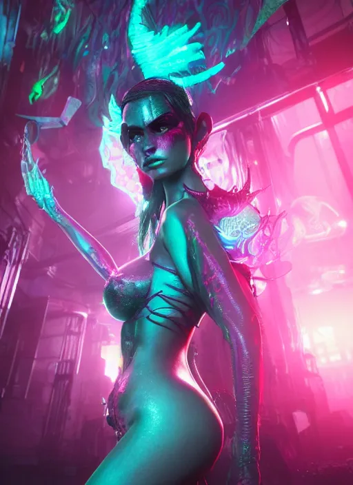 Prompt: neon succubus, intricate detail, volumetric lighting, epic composition, hyper detailed, ultra realistic, sharp focus, octane render, volumetric, ray tracing, artstation trending, cgsociety, sense of awe, swirling mist, unreal engine, cinematic 4 k