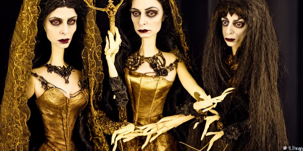 Image similar to photo taken of an epic intricate, ultra detailed, super realistic stop motion puppet of a majestic gracious regal aristocratic brunette female vampire and an indoor gothic filmset created by weta workshop and tim burton, menacing, wide angle, full body shots, photorealistic, sharp focus, gloomy, extremely cold blueish colour temperature, 3 5 mm, f 1. 4, golden ratio