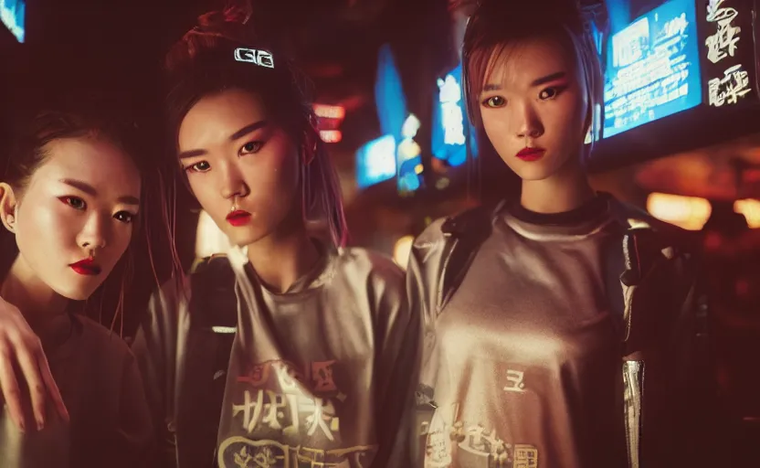 Image similar to cinestill 5 0 d photographic portrait of two female androids wearing streetwear talk at a bar in cyberpunk china, extreme closeup, modern cyberpunk, dust storm, 8 k, hd, high resolution, 3 5 mm, f / 3 2, ultra realistic faces, intricate detail, ex machina