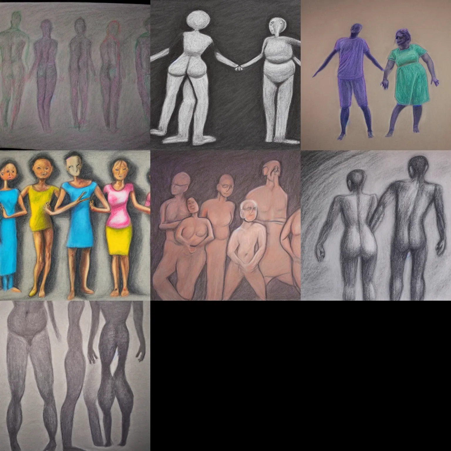 Prompt: Chalk pastel drawing of people without their bodies,