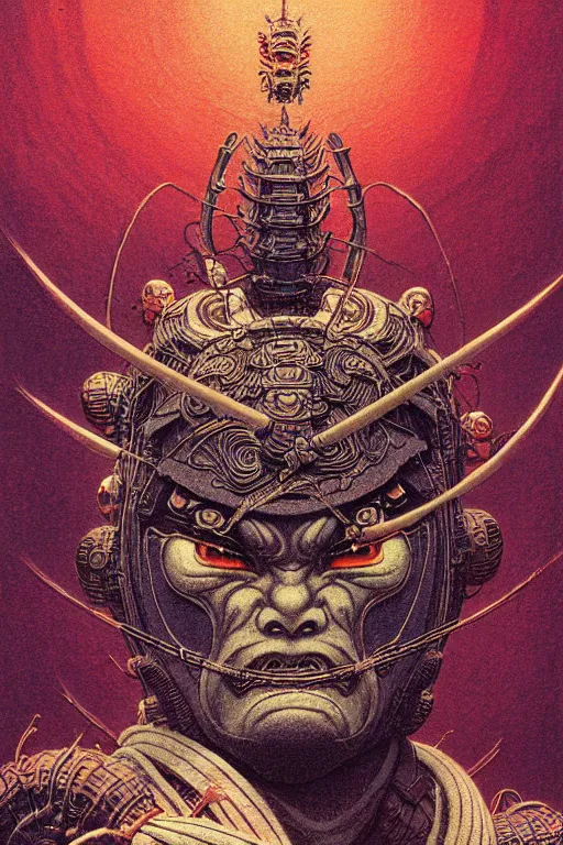 Prompt: japanese oni, character portrait, portrait, close up, concept art, intricate details, highly detailed, cherry blossom, soft light, vintage sci - fi poster, in the style of chris foss, rodger dean, moebius, michael whelan, and gustave dore