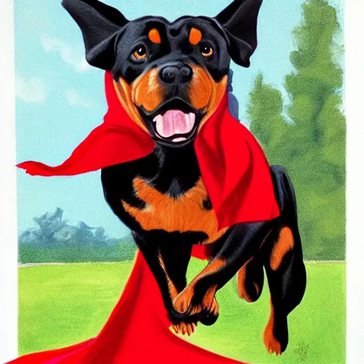 Prompt: Flying Rottweiler wearing a red cape, caricature