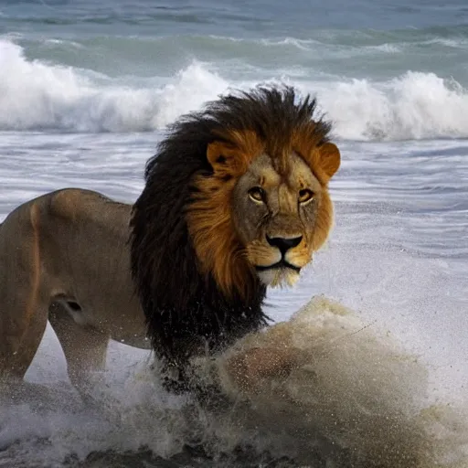 Image similar to a lion's face breaching through a wave, stormy weather