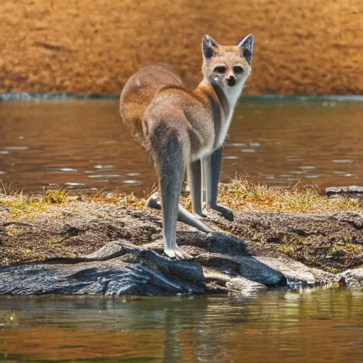 Image similar to close up photo of a rare thylacine, drinking water from a lake in tasmania, bokeh, 1 0 0 mm lens, 4 k. 8 k hd. award winning nature photography. cover of national geographic