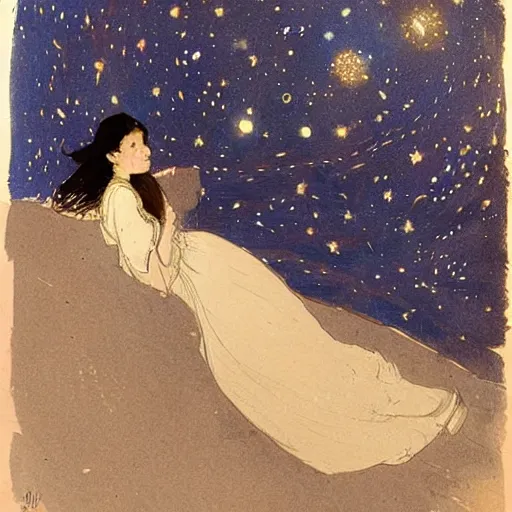 Image similar to Illustration. A beautiful illustration of a young girl with long flowing hair, looking up at the stars. She appears to be dreaming or lost in thought. in India by Sir James Guthrie riotous