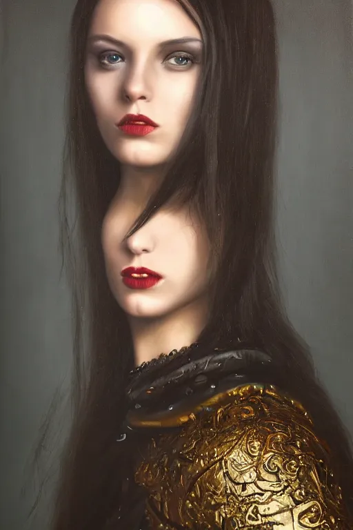 Image similar to hyperrealism oil painting, close - up portrait of european medieval brunette vampire fashion model, knight, steel gradient mixed with nebula sky, in style of baroque