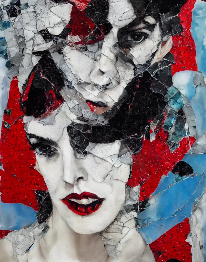 Prompt: languid temptation. mixed media collage with shattered glass and marble texture in style of contemporary art, punk art, photorealistic face, expressionism, masterpiece, perfect composition, photorealistic beautiful face, spectacular quality, intricate oil details, red, white, blue, black