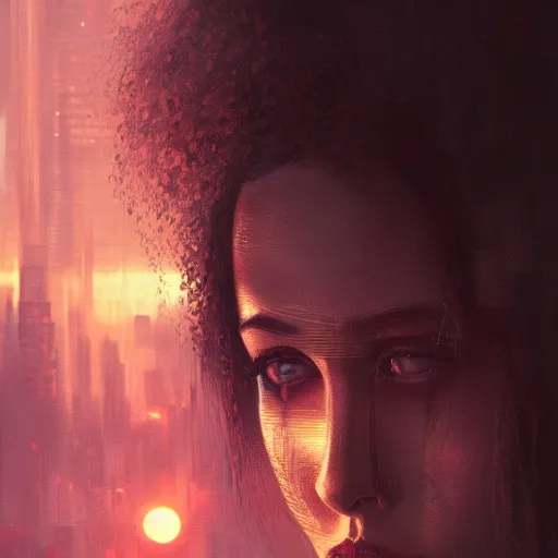 Image similar to neuromancer, closeup portrait of a young beautiful cyberpunk woman, eye implants, sunset, cyberpunk city background, megacity, gorgeous view, depth, painted by seb mckinnon, high detail, digital art, painted by greg rutkowski, trending on artstation