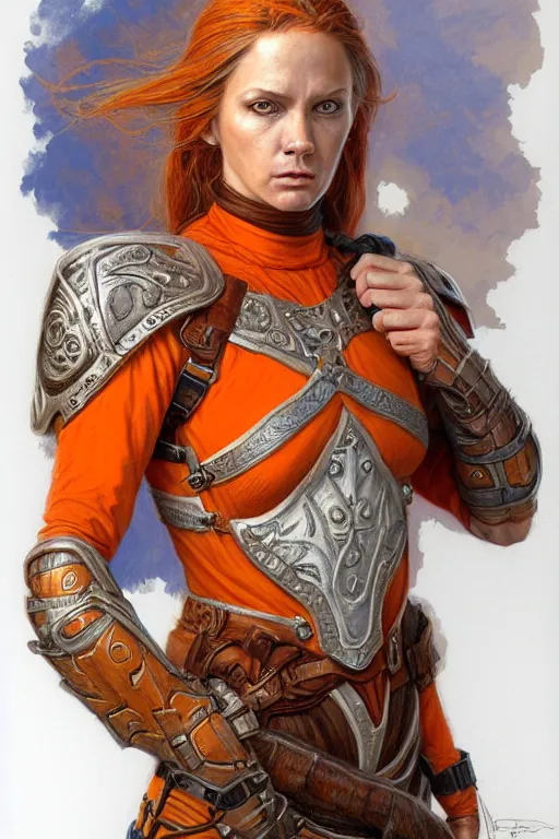 Prompt: full - body portrait of a ranger, female, white and orange breastplate, magical, high fantasy, d & d, by donato giancola, face details, extremely detailed, digital illustration