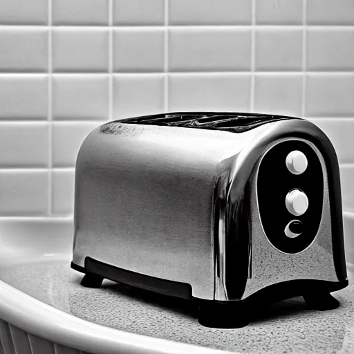 Prompt: toaster on the bath, sad, alcohol nearby, picture with message, depression, dark climate