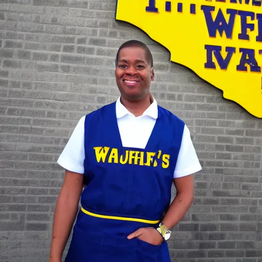 Image similar to wafflehouse employee's standing below wafflehouse sign, employees uniform is blue and black with yellow name tags