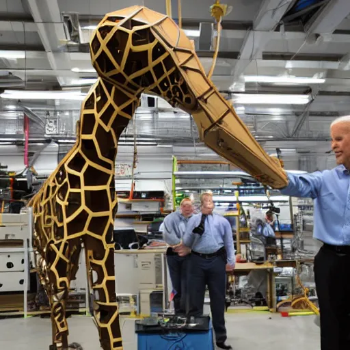 Prompt: prototype robot giraffe being worked on by one scientists engineer, joe biden.