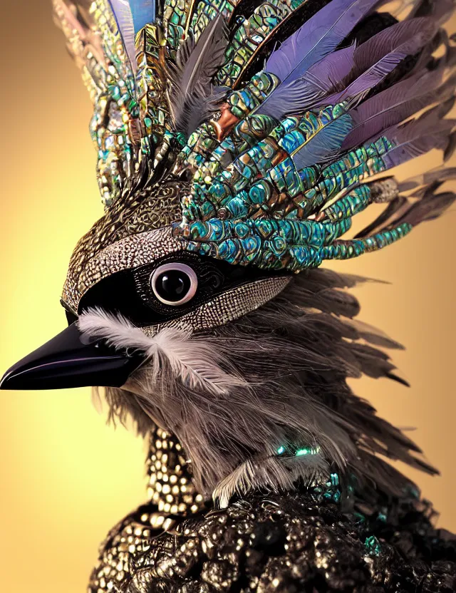 Image similar to 3 d goddess close - up profile portrait with feathers, fur, and bones wearing a beautiful intricately detailed kookaburra mask and retrowave sorceress outfit. lizard scales, reflective chitin, optical mineralogy, songlines, plasma, creature, artwork by tooth wu and android jones wlop and android jones and beeple and greg rutkowski