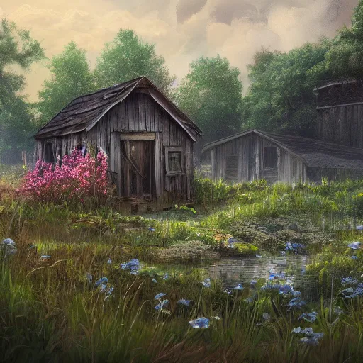 Prompt: a matte painting of a midwestern countryside, shack close up, river, overgrown, patchy flowers, oil painting, pale colors, high detail, 8 k, wide angle, trending on artstation,