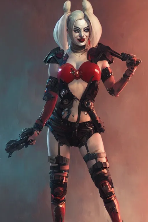Image similar to portrait of Harley Quinn in bikini armor, dc comics, cyberpunk, Warhammer 40000, dark fantasy, digital art from artstation by Ruan Jia and Mandy Jurgens and Artgerm and william-adolphe bouguereau
