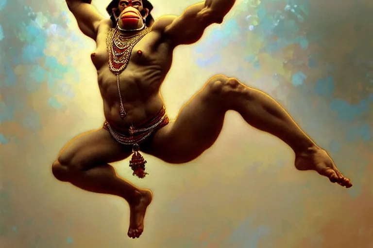 Image similar to award winning full body portrait of a beautiful ornated hanuman god, leaping!!!!!, intricate, elegant, highly detailed, digital painting, artstation, concept art, smooth, sharp focus, digital illustration, art by krenz cushart and artem demura and alphonse mucha