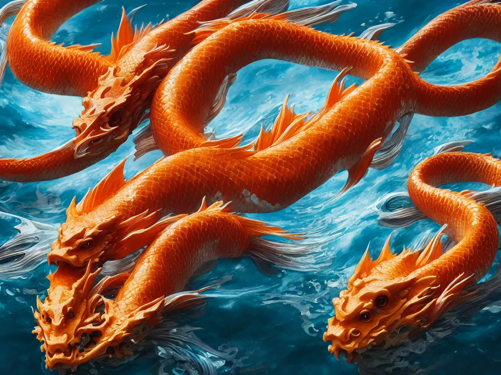 Image similar to intertwined koi dragon fish, water torrent background, jesper ejsing, james jean, justin gerard, tomasz alen kopera, cgsociety, fenghua zhong, makoto shinkai, octane render, highly detailed, rim light, cinematic lighting, hyper realism, high detail, intricate, 4 k, masterpiece