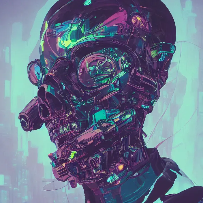 Image similar to a beautiful painting of a cyberpunk skull by pascal blanche and sachin teng and julian calle and nekro. in style of colorful comic noir illustration, symmetry, sci fi, hyper detailed. octane render. trending on artstation