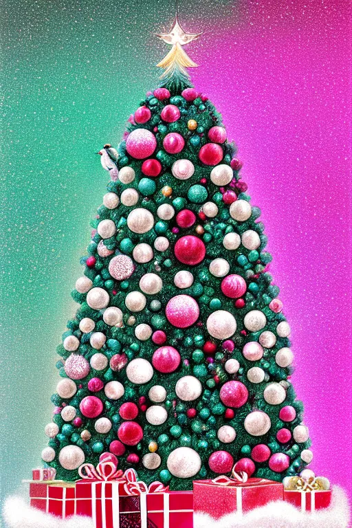 Image similar to illustration neo - rococo cinematic super expressive! scandi christmas tree with kitchen glitzy baubles, star, bird decorations, silver pink white red mood, highly detailed digital art masterpiece, smooth etienne sandorfi eric zener dramatic pearlescent soft teal light, ground angle hd 8 k, sharp focus