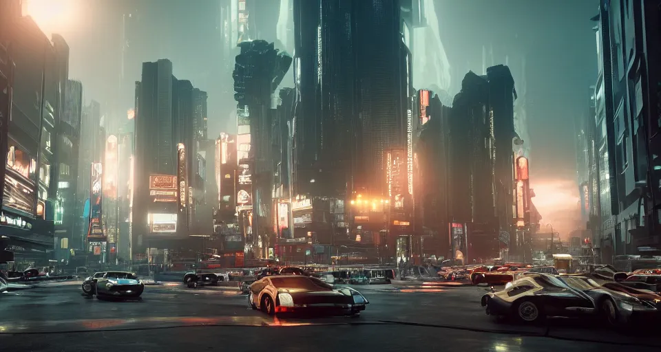 Image similar to An epic, distopian cityscape with many cars in the style of bladerunner with a blond man in a suit in the center and another man in a Trenchcoat talking to hin in secret, unreal 5, DAZ, hyperrealistic, octane render, volumetric clouds, dynamic lighting