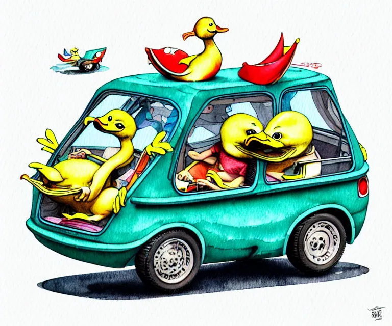 Prompt: cute and funny, duck riding in a tiny amphibious bus, ratfink style by ed roth, centered award winning watercolor pen illustration, isometric illustration by chihiro iwasaki, edited by craola, tiny details by artgerm and watercolor girl, symmetrically isometrically centered