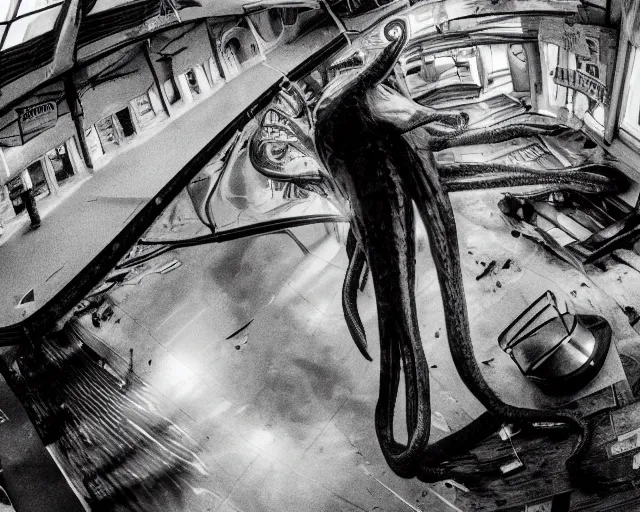 Image similar to camera footage of a extremely aggressive Giant mutated Octopus with glowing white eyes in an abandoned shopping mall, Psychic Mind flayer, Terrifying :7 , high exposure, dark, monochrome, camera, grainy, CCTV, security camera footage, timestamp, zoomed in, Feral, fish-eye lens, Fast, Radiation Mutated, Nightmare Fuel, Wolf, Evil, Bite, Motion Blur, horrifying, lunging at camera :4 bloody dead body, blood on floors, windows and walls :5