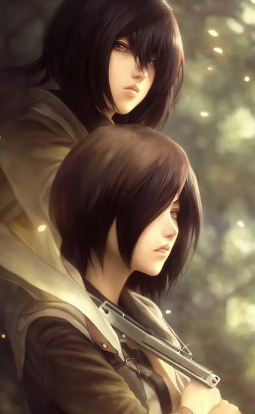 Image similar to mikasa ackerman, hero pose, medium shot, bokeh, beautiful face!!!!, 2 7 years old, cg animation, lifelike, animated, realistic, character select portrait, by artgerm, greg rutkowski, alphonse mucha, 3 d