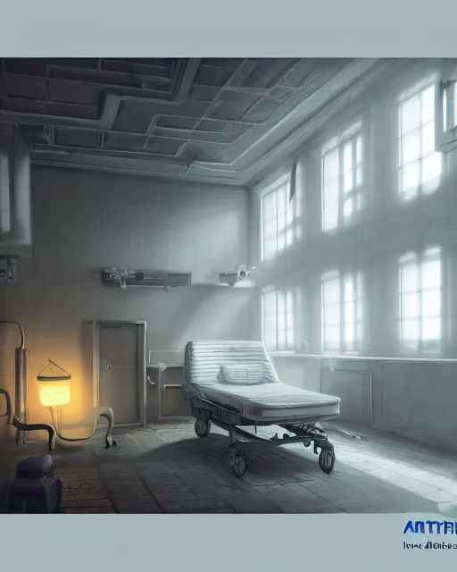 Prompt: artstation scifi scene of a old chinese hospital ward, a bunch of light on a business card, bed, wheelchair, window, bedside table, paneled walls, unreal engine 5, hyper realism, realistic shading, cinematic composition, blender render, octane render, hdr, detailed textures, photorealistic, wide shot