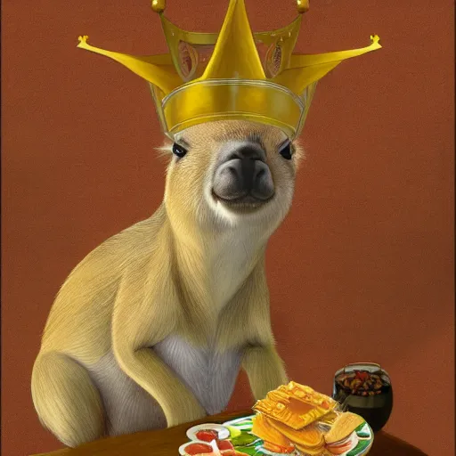 Prompt: painting of a capybara wearing a crown sitting on a throne surrounded by food offerings, trending on artstation