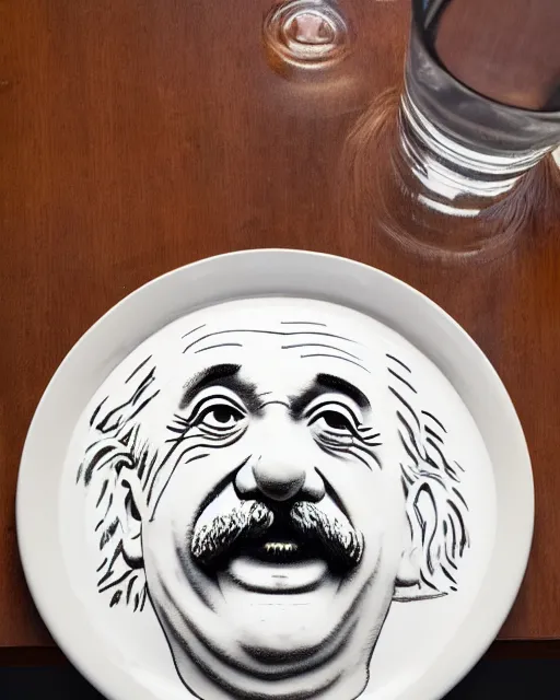 Image similar to a portrait of albert einstein sitting at the dining table with a plate containing jell - o in front of him, highly detailed, trending on artstation, bokeh, 9 0 mm, f / 1. 4