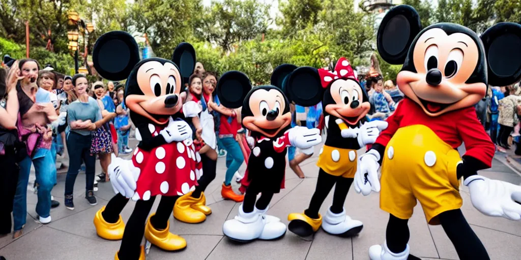 Prompt: Mickey mouse with fangs eating disneyland park guests while a crowd runs in fear