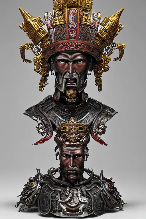 Prompt: a dramatic full-color art nouveau and ironpunk styled bust portrait of genghis khan as a godlike and stoic alien king, with violent conquering eyes, extremely detailed mongolian art nouveau cybernetic armor and an intricately detailed crown of cosmic power, perfectly symmetrical mongol facial structure and framework, handsome yet brutal alien facial characteristics, by michael kaluta, michael whelan and travis charest, dark sci-fantasy, deeply ornate complexity, alien-human hybrid male face and bust, sci-fi character concept, photorealism, art nouveau framing, stunning lighting, hyperrealism, 8k