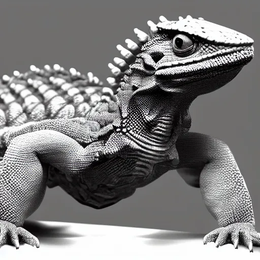 Image similar to a pet lizard wearing armor and vr headset, indoor, photorealistic, monochrome, detailed