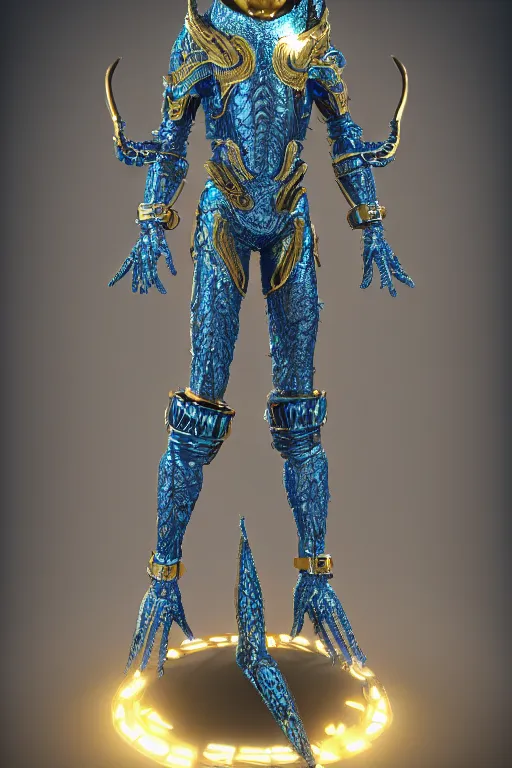 Image similar to full body portrait of a symmetric hyper realistic elegant alien, blue metallic skin, jewelry intricate details, unreal engine5, octane, with gold filigree mask and body armor