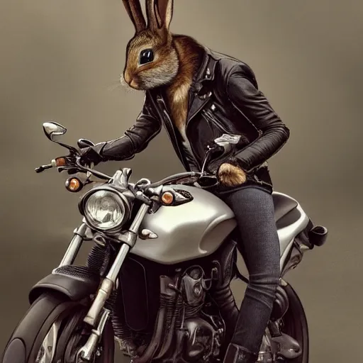 Prompt: a painting of a bunny wearing a leather jacket, riding a motorcycle, elegant, highly detailed, digital painting, artstation, concept art, matte, sharp focus, highly detailed, 4 k, hdr, smooth, sharp focus, high resolution, award - winning photo, photorealistic, art by artgerm and greg rutkowski and alphonse mucha, large shot