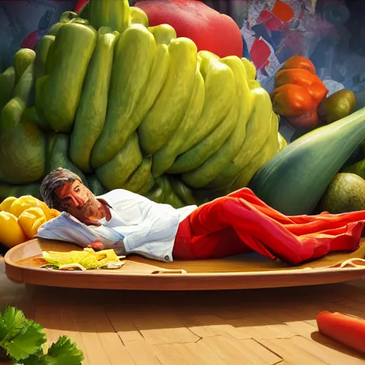 Prompt: mehmet oz lying down in oversized dish of vegetables and salsa and chips, dollar bills are near the dish, octane render, artstation, michael whelan, ron cobb, digital illustration, colorful, highly detailed painting