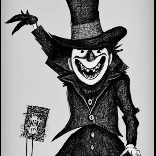 Image similar to a Pop Wonder scary horror themed goofy-hilarious-character Babadook-scarecrow-madhatter-williewonka-wearing a scarf, 3-piece-suit, dime-store-comic drawn with charcoal and pen and ink, half-tone-line-stacking