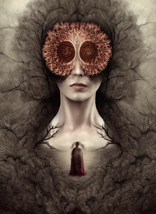 Image similar to dramatic matte portrait painting of woman with black mandelbrot fractal instead of face, horror, body horror, dark art, 4 k, detailed, realistic, psychotic, insane, crazy, mental illness, dramatic,