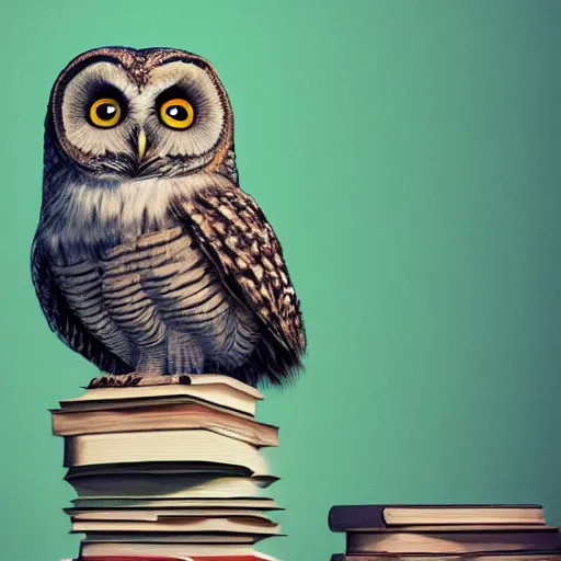 Image similar to long shot of a cute friendly owl sitting on a pile of books, by naoto hatori, by yoshita amano, by esao andrews, fancy illustration hyperrealistic, big depth of field, fresh colors, moody evening light, 3 d octane render conceptart, 4 k, highly detailed, trending on artstation