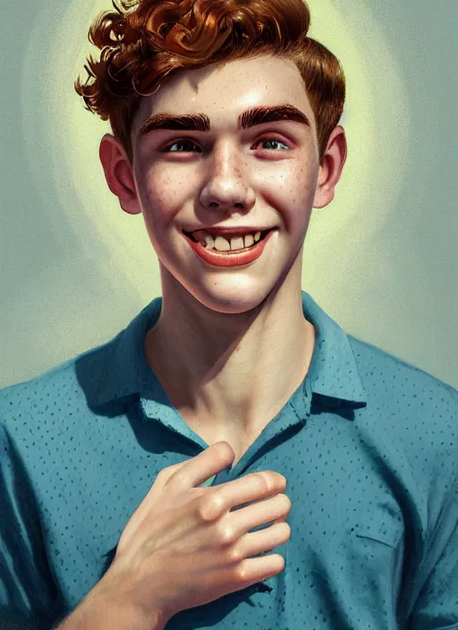 Image similar to portrait of teenage archie andrews, freckles, curly middle part haircut, curly hair, smiling kindly, friendly, 1 9 5 0 s, intricate, elegant, glowing lights, highly detailed, digital painting, artstation, concept art, smooth, sharp focus, illustration, art by wlop, mars ravelo and greg rutkowski