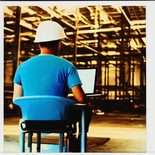 Image similar to a polaroid photo of man using a laptop inside in warehouse, he sitting on chair and small table, he's wearing blue cloth and construction hat, behind him is a very scary monster watching him work, photo from behind, highly details, perfect face shape, cinematic lighting,