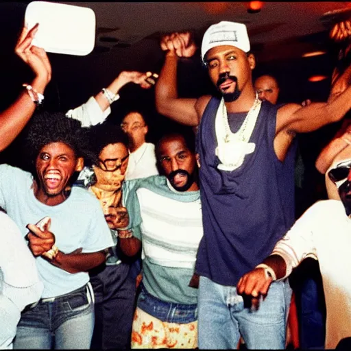 Image similar to photo of people partying in the 1990's. 2pac is the main focus of the photo, he is the main focus.