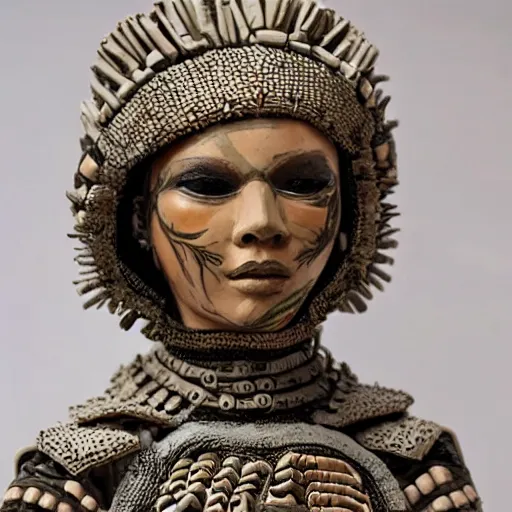 Prompt: a warrior woman, wearing intricate armor made of pottery pieces. photorealistic, intricate and detailed.