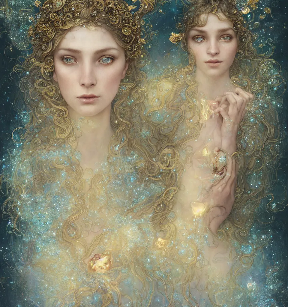 Image similar to Beautiful Delicate Detailed portrait of sun summer woman, With Magical golden eyes by Tom Bagshaw, Bastien Lecouffe Deharme, Erik Johansson, Amanda Sage, Alex Grey, Alphonse Mucha, Harry Clarke, Josephine Wall and Pino Daeni, Delicate winter frozen creature With long golden Hair and Magical Sparkling Eyes, Magic Particles; Magic Swirls, in a out of this world magical summer landscape, 4K; 64 megapixels; 8K resolution concept art; detailed painting; digital illustration; hyperrealism; trending on Artstation; Unreal Engine Photorealistic, lifelike, Unreal Engine, sharp, sharpness, detailed, 8K