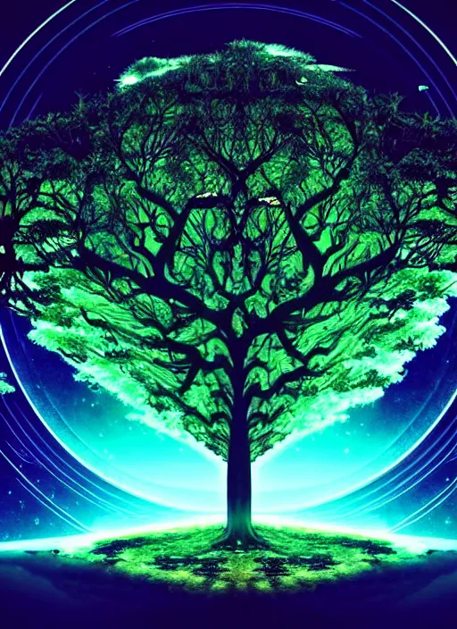 Image similar to high depth, collective civilization tree, calm, healing, resting, life, hybrids, scifi, glowing lights, published concept art, mixed medias, image overlays, sharp focus, winning illustration, eyes reflecting into eyes into infinity, singularity!!!, 3 6 0 projection, art in the style of all