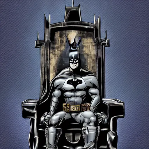 Image similar to Batman sitting in a throne made out of skulls, digital art