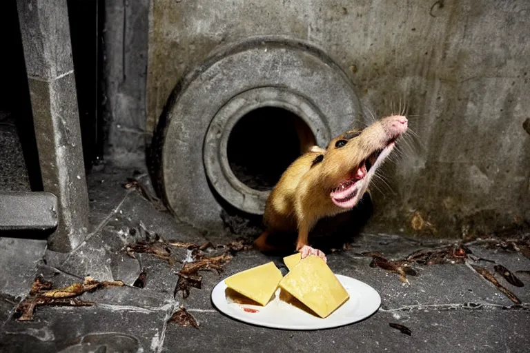 Prompt: a giant rat eating cheese in a sewer, photograph, terror, horror, mutant,