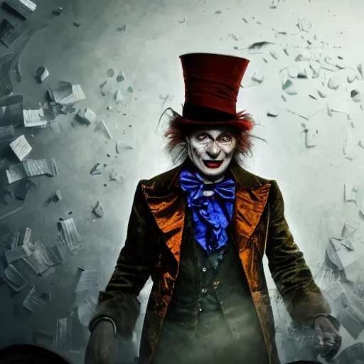 Image similar to full body pose, hyperrealistic photograph of the mad hatter, dim volumetric lighting, 8 k, octane beautifully detailed render, extremely hyper detailed, intricate, epic composition, cinematic lighting, masterpiece, trending on artstation, very very detailed, stunning, hdr, smooth, sharp focus, high resolution, award, winning photo, dslr, 5 0 mm